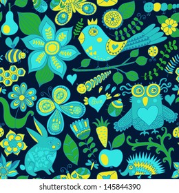 Vector forest seamless pattern. Floral background.Owl, rabbit, butterfly, hedgehog. Use it as pattern fills, web page background, surface textures, fabric or paper, backdrop design. Summer template.