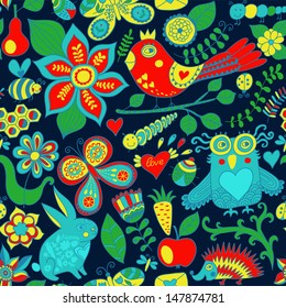 Vector forest seamless pattern. Floral background.Owl, rabbit, butterfly, hedgehog. Use it as pattern fills, web page background, surface textures, fabric or paper, backdrop design. Summer template.