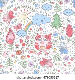 Vector forest seamless pattern with flowers, owls and butterfly's. Cute cartoon print.