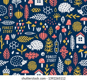 Vector forest seamless pattern with hedgehogs, leaves, berries, mushroom and floral elements. Repeated childish texture with woodland animals and plants. Cute woodland background.