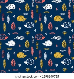 Vector forest seamless pattern with hedgehogs, leaves and floral elements. Repeated childish texture with woodland animals and plants. Cute woodland background.