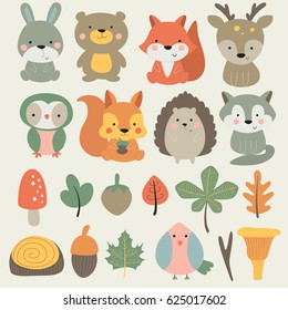 Vector forest set with cute hare, bear, fox, deer, owl, squirrel, hedgehog, wolf, bird, mushrooms, nuts and leaves in cartoon style