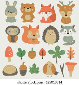 Vector forest set with cute hare, bear, fox, deer, owl, squirrel, hedgehog, wolf, bird, mushrooms, nuts and leaves in cartoon style