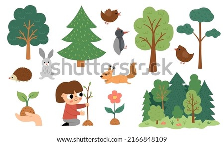 Vector forest set with girl seeding plant, trees, animals, birds. Deforestation or ecological awareness collection. Cute planting tree concept. Earth day or healthy eco friendly illustration
