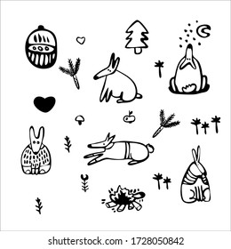 Vector forest set. Mushrooms, twigs, bonfire, rabbits, rabbits, bonfire and cauldron. For logos, typography, children's coloring, travel and tourism sites. To create patterns and sets about forest.