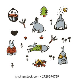 Vector forest set. Mushrooms, twigs, bonfire, rabbits, rabbits, bonfire and cauldron. For logos, typography, children's coloring, travel and tourism sites. To create patterns and sets about forest.
