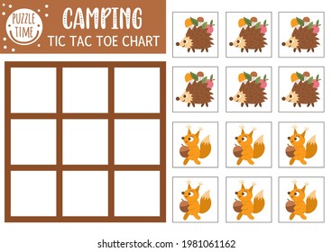Vector forest tic tac toe chart with cute hedgehog and squirrel. Woodland board game playing field with animals. Funny printable worksheet for kids. Noughts and crosses grid 

