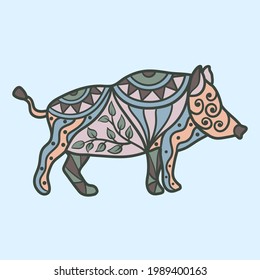 Boar salvaje vectorial con patrones abstractos en un fondo azul, zenart