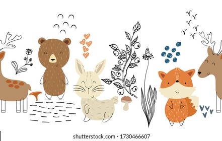 Vector forest wildlife seamless border with animals. Cute cartoon characters.