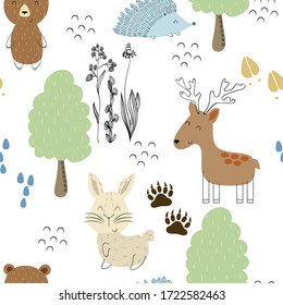 Vector forest wildlife seamless pattern with animals. Cute cartoon characters.