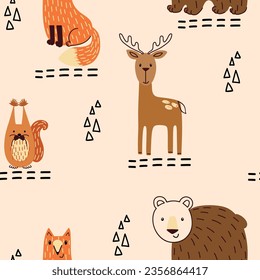 Vector forest wildlife seamless pattern with animals. Cute cartoon characters.