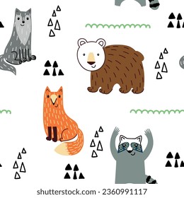 Vector forest wildlife seamless pattern with animals. Cute cartoon characters.