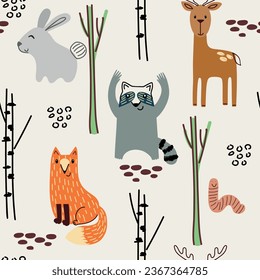 Vector forest wildlife seamless pattern with animals. Cute cartoon characters.
