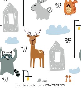 Vector forest wildlife seamless pattern with animals. Cute cartoon characters.