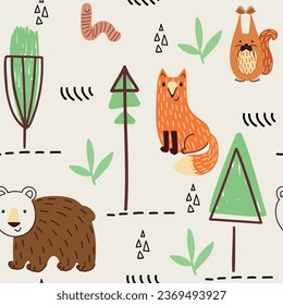 Vector forest wildlife seamless pattern with animals. Cute cartoon characters.