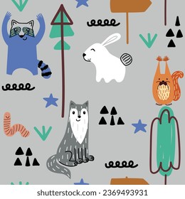 Vector forest wildlife seamless pattern with animals. Cute cartoon characters.