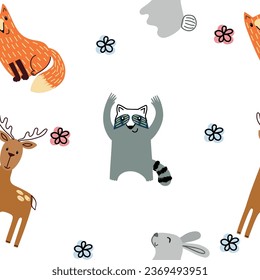 Vector forest wildlife seamless pattern with wolf. Cute cartoon character.
