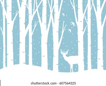 Vector forest in winter and a deer. Isolated background.