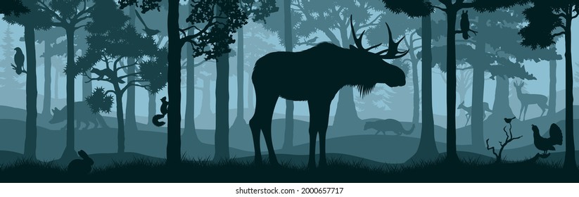 vector forest woodland background texture seamless pattern with moose bull, deers, owl and racoon