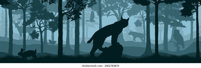 textura de fondo de bosque vectorial sin fisuras con lince, lobo, conejo, ciervo, águila y avellano