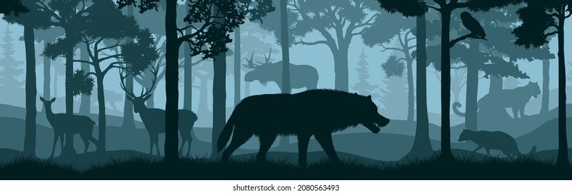 vector forest woodland background texture seamless pattern with wolf, puma, moose bull, deers, lynx, owl and racoon