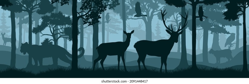 vector forest woodland background texture pattern with deers, moose, owl, eagle-owl, lynx and cougar puma