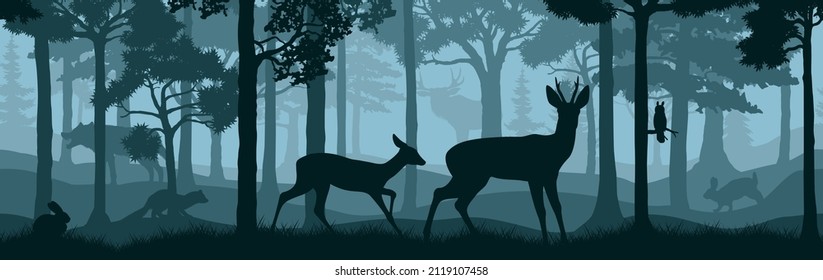 vector forest woodland background texture seamless pattern with deers, moose, owl, wolf, rabbit and marten