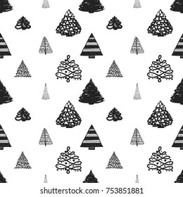 Vector forest of xmas trees seamless pattern. Merry Christmas and happy new year greeting card backdrop design. Retro hand drawn flat art on white background.