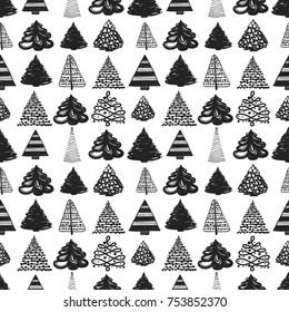 Vector forest of xmas trees seamless pattern. Merry Christmas and happy new year greeting card backdrop design. Retro hand drawn flat art on white background.