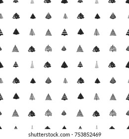 Vector forest of xmas trees seamless pattern. Merry Christmas and happy new year greeting card backdrop design. Retro hand drawn flat art on white background.