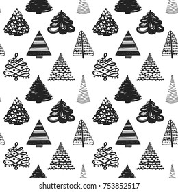 Vector forest of xmas trees seamless pattern. Merry Christmas and happy new year greeting card backdrop design. Retro hand drawn flat art on white background.