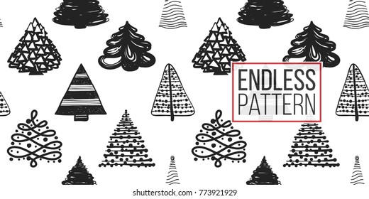 Vector forest of xmas trees seamless pattern. Merry Christmas and happy new year greeting card backdrop design. Retro hand drawn flat art on white background.
