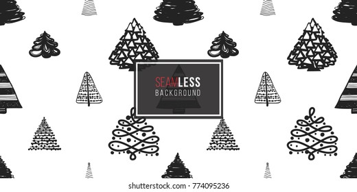 Vector forest of xmas trees seamless pattern. Merry Christmas and happy new year greeting card backdrop design. Retro hand drawn flat art on white background.