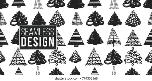 Vector forest of xmas trees seamless pattern. Merry Christmas and happy new year greeting card backdrop design. Retro hand drawn flat art on white background.