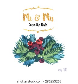 A Vector forestry Collection of Painted branches.Watercolor Vector nature set.Colorful floral collection flowers and twigs, needles and berries for invitation, wedding or greeting cards.Winter Wedding