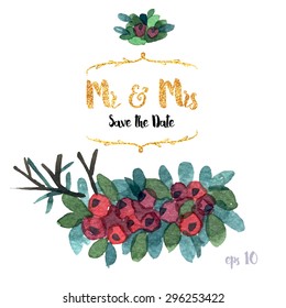 A Vector forestry Collection of Painted branches.Watercolor Vector nature set.Colorful floral collection flowers and twigs, needles and berries for invitation, wedding or greeting cards.Winter Wedding