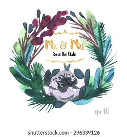 A Vector forestry Collection of Painted branches.Watercolor Vector nature set.Colorful floral collection flowers and twigs, needles and berries for invitation, wedding or greeting cards.Winter Wedding