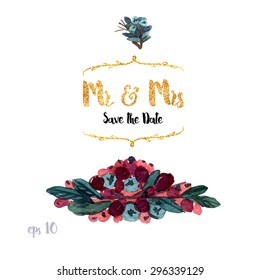A Vector forestry Collection of Painted branches.Watercolor Vector nature set.Colorful floral collection flowers and twigs, needles and berries for invitation, wedding or greeting cards.Winter Wedding