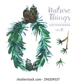 A Vector forestry Collection of Painted branches.Watercolor Vector nature set.Colorful floral collection flowers and twigs, needles and berries for invitation, wedding or greeting cards.Winter Wedding