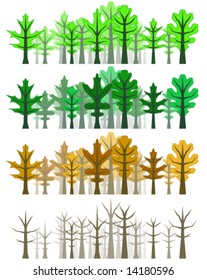Vector forests made of stylized oak leaves, colored for all four seasons