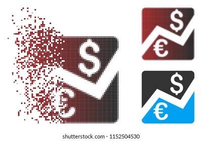 Vector forex market chart icon in dissolved, dotted halftone and undamaged whole versions. Disappearing effect uses square dots and horizontal gradient from red to black.