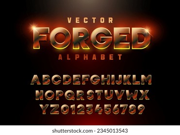 Vector forged alphabet, metallic 3d font in orange tones inspired by molten rock, lava, fire, blacksmithing; ideal for festivals, club logos, automotive, adventure, branding, fiery and bold projects.