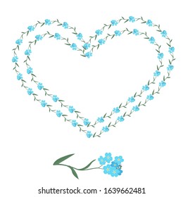 Vector of forget me not flowers shaped like heart. Wedding, Valentine`s day card, banner.Frame with copy space.Isolated elements