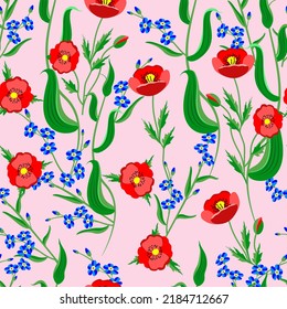 Vector - forget me not and rose flowers seamless pattern