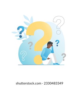 Vector, forgetful man with problems thinking with big question mark. Tiny, lost guy in uncertainty asks, thinks, doubts, looks for answers, solution, asks for help, support. FAQ. Brainstorm.