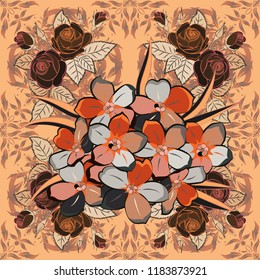 Vector forget-me-not flower seamless pattern in orange, beige and gray colors.