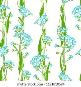 Vector forget-me-nots seamless pattern. Floral boundless background. Contours of blue tiny flowers and bright green leaves. Tileable design element.