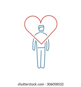 Vector forgiveness skills icon of businessman with heart around his head | modern flat design soft skills linear illustration and infographic red and blue on white background