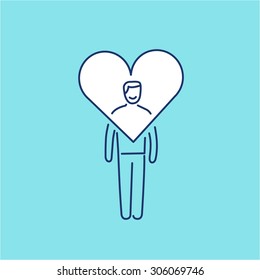 Vector forgiveness skills icon of businessman with heart around his head | modern flat design soft skills linear illustration and infographic on blue background