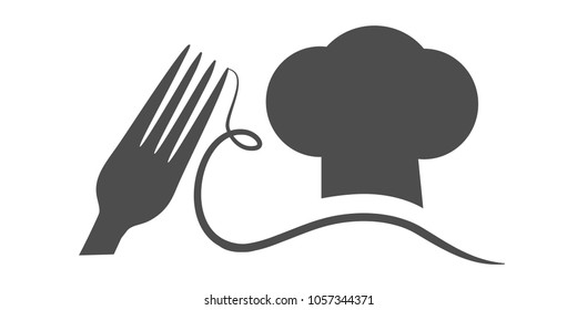 Vector fork with spaghetti and cook's hat with a mustache. Black symbol for restaurant menu.